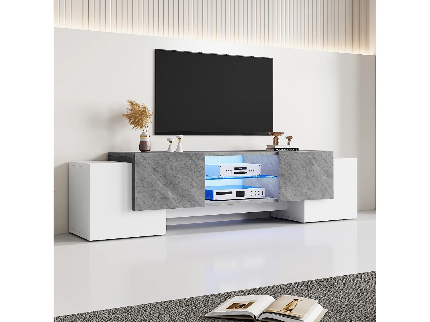 Enkelvoudige tv-kast - 180 x 40 x 46,5 cm - met 4 deuren - geschikt voor 60/65/70 inch tv's - MDF - grijs + wit