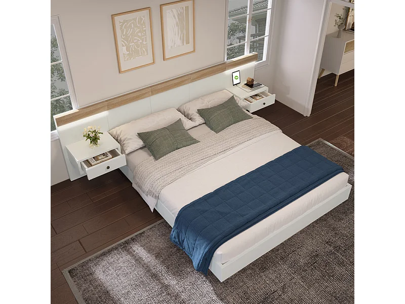 Dubbelbed 180×200 cm met 2 LED-nachtlampjes, 2 nachtkastjes met opbergruimte en USB/Type C/EU-stopcontact, Wit