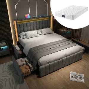 Gekapiteerd bed 160×200 cm met matras, 4 lades, LED + USB-stopcontacten + Type C, Linnen stof – Grijs Gekapiteerd bed 160×200 cm met matras, 4 lades, LED + USB-stopcontacten + Type C, Linnen stof – Grijs