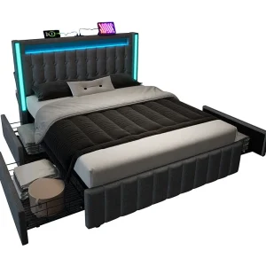 Gekapiteerd bed 160×200 cm met 4 lades, LED + USB-stopcontacten + Type C, Linnen stof – Grijs (zonder matras) Gekapiteerd bed 160×200 cm met 4 lades, LED + USB-stopcontacten + Type C, Linnen stof – Grijs (zonder matras)