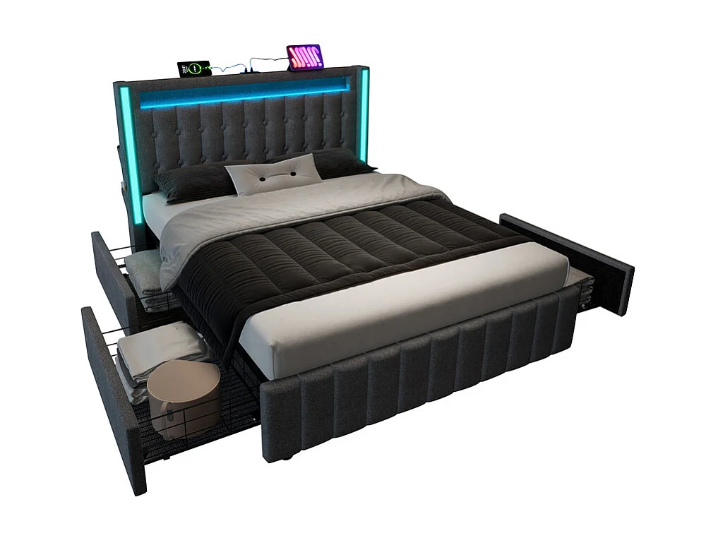 Gekapiteerd bed 160x200 cm met 4 lades, LED + USB-stopcontacten + Type C, Linnen stof - Grijs (zonder matras)