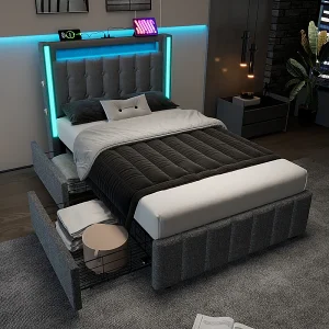 Gekapiteerd bed 90×200 cm met 2 lades, LED + USB-stopcontacten + Type C, Linnen stof – Grijs (zonder matras) Gekapiteerd bed 90×200 cm met 2 lades, LED + USB-stopcontacten + Type C, Linnen stof – Grijs (zonder matras)