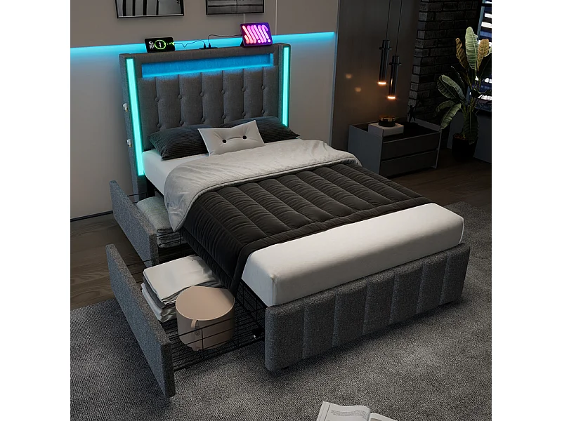 Gekapiteerd bed 90x200 cm met 2 lades, LED + USB-stopcontacten + Type C, Linnen stof - Grijs (zonder matras)