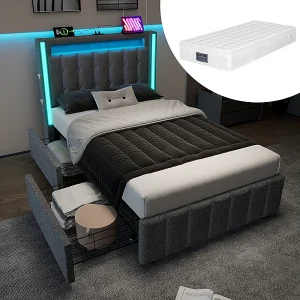 Gekapiteerd bed 90×200 cm met matras, 2 lades, LED + USB-stopcontacten + Type C, Linnen stof – Grijs Gekapiteerd bed 90×200 cm met matras, 2 lades, LED + USB-stopcontacten + Type C, Linnen stof – Grijs