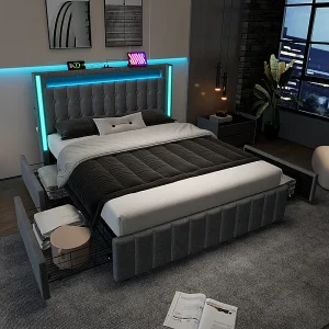 Gekapiteerd bed 140×200 cm met 4 lades, LED + USB-stopcontacten + Type C, Linnen stof – Grijs (zonder matras) Gekapiteerd bed 140×200 cm met 4 lades, LED + USB-stopcontacten + Type C, Linnen stof – Grijs (zonder matras)