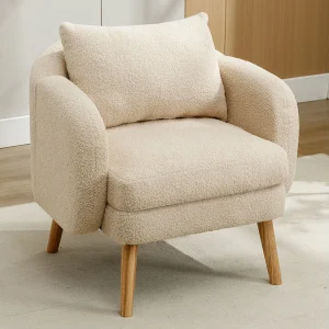 Teddy stoffen fauteuil met kussen – massief houten poten – beige Teddy stoffen fauteuil met kussen – massief houten poten – beige