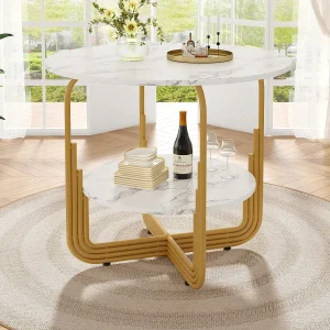 Eettafel voor 4 personen – 80 x 80 x 76 cm – klein rond blad in het midden voor opbergruimte – MDF – wit + goud Eettafel voor 4 personen – 80 x 80 x 76 cm – klein rond blad in het midden voor opbergruimte – MDF – wit + goud