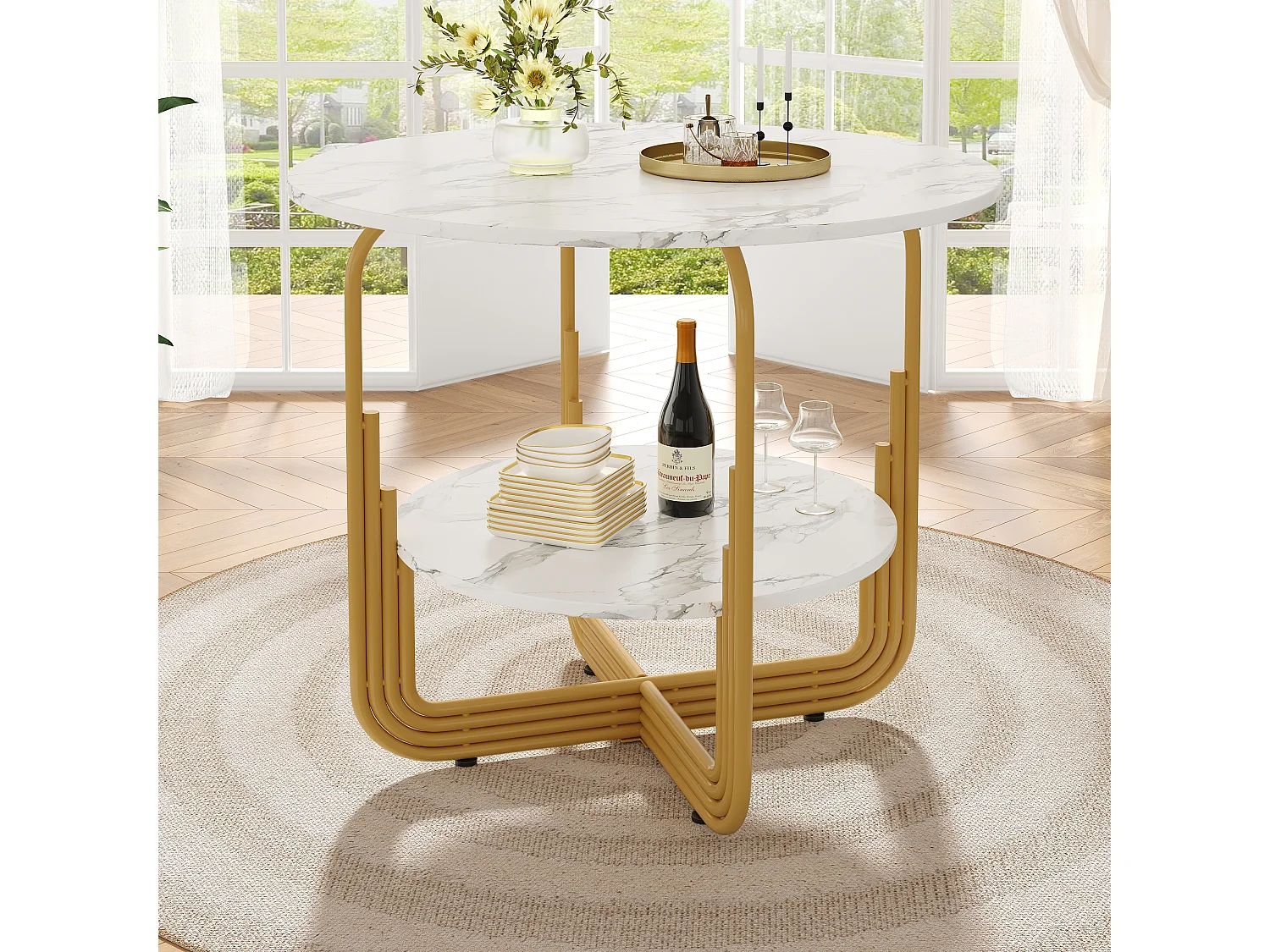 Eettafel voor 4 personen - 80 x 80 x 76 cm - klein rond blad in het midden voor opbergruimte - MDF - wit + goud