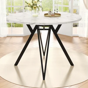 Eettafel voor 4 personen – 100 x 100 x 76 cm – ronde tafel met metalen poten – gemarmerd MDF-blad – MDF + Metaal – zwart Eettafel voor 4 personen – 100 x 100 x 76 cm – ronde tafel met metalen poten – gemarmerd MDF-blad – MDF + Metaal – zwart