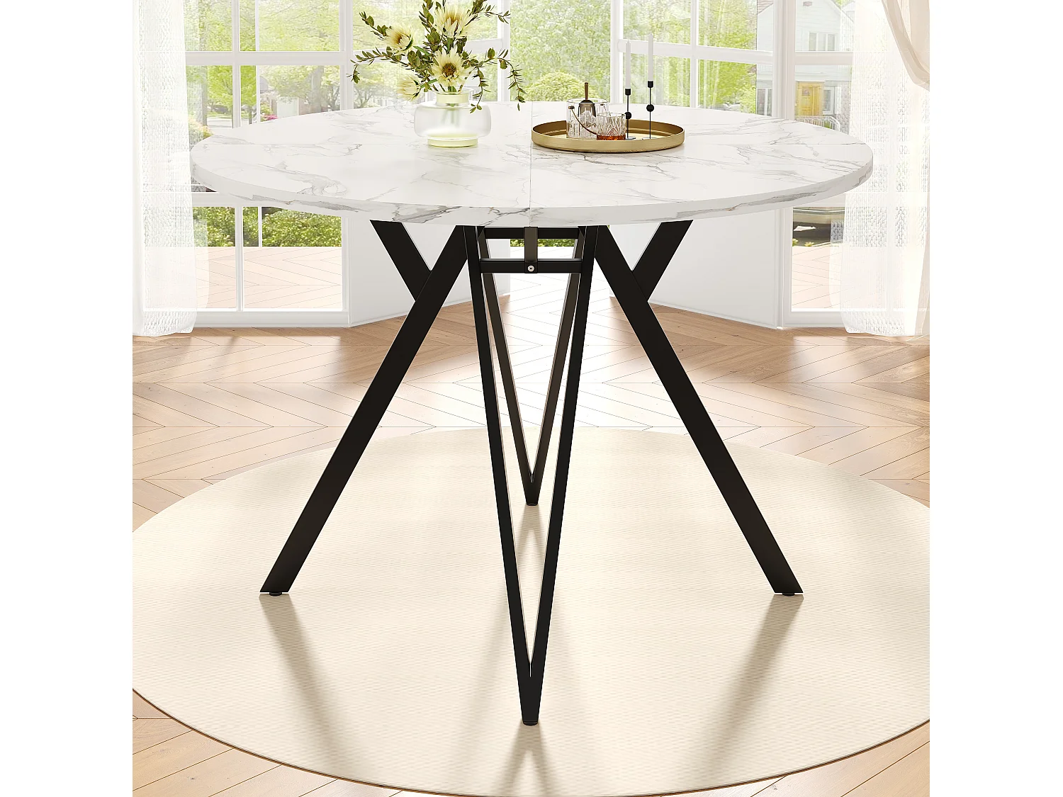 Eettafel voor 4 personen - 100 x 100 x 76 cm - ronde tafel met metalen poten - gemarmerd MDF-blad - MDF + Metaal - zwart