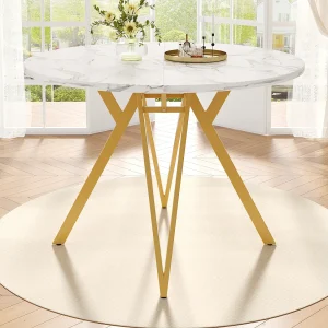 Eettafel voor 4 personen – 100 x 100 x 76 cm – ronde tafel met metalen poten – gemarmerd MDF-blad – MDF + Metaal – wit Eettafel voor 4 personen – 100 x 100 x 76 cm – ronde tafel met metalen poten – gemarmerd MDF-blad – MDF + Metaal – wit