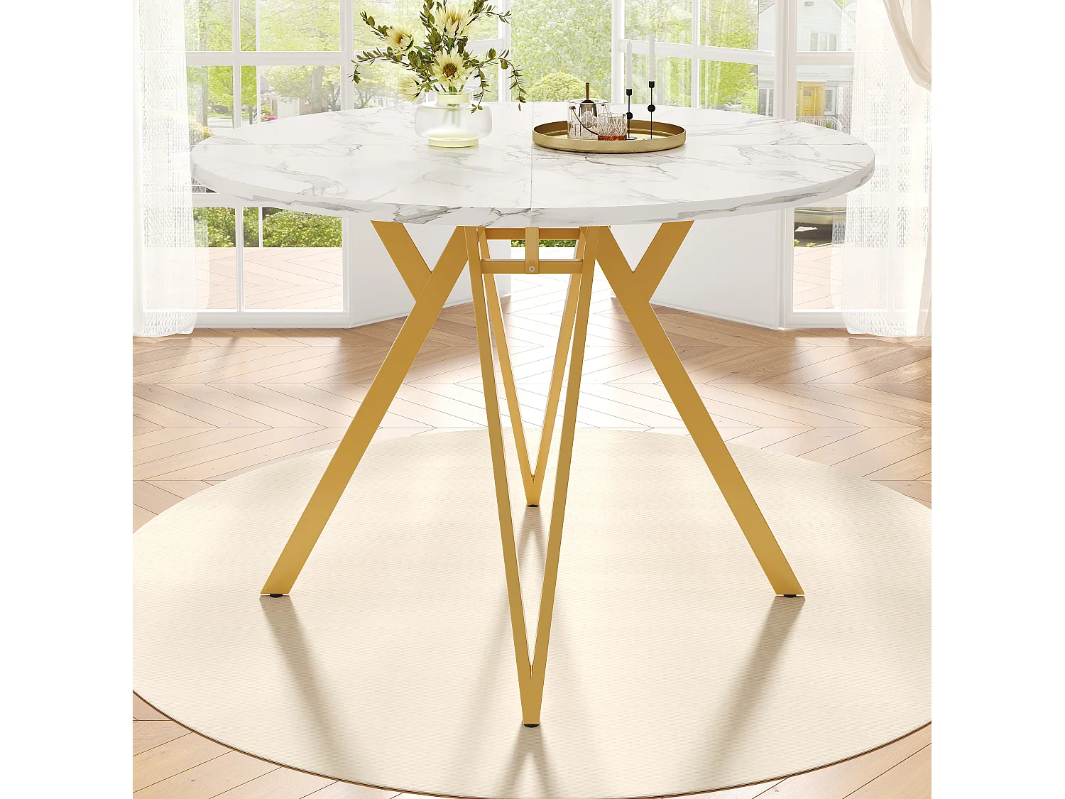 Eettafel voor 4 personen - 100 x 100 x 76 cm - ronde tafel met metalen poten - gemarmerd MDF-blad - MDF + Metaal - wit