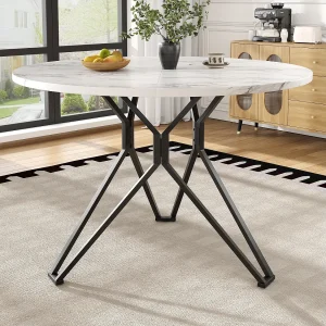 Eettafel voor 4 personen – 100 x 100 x 76 cm – ronde tafel met metalen poten – gemarmerd MDF-blad – MDF + Metaal – zwart Eettafel voor 4 personen – 100 x 100 x 76 cm – ronde tafel met metalen poten – gemarmerd MDF-blad – MDF + Metaal – zwart