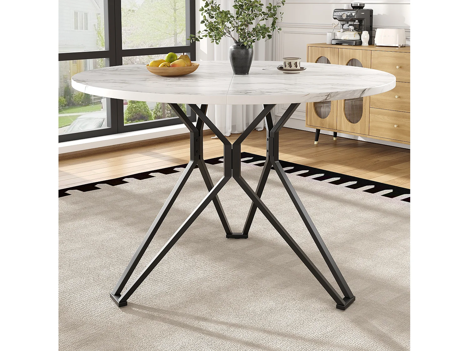 Eettafel voor 4 personen - 100 x 100 x 76 cm - ronde tafel met metalen poten - gemarmerd MDF-blad - MDF + Metaal - zwart