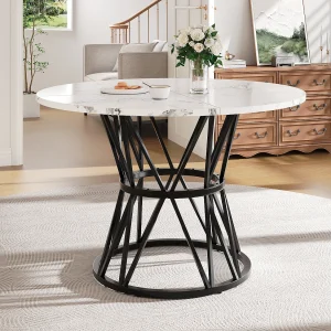 Eettafel voor 4 personen – 100 x 100 x 76 cm – ronde tafel met metalen poten – gemarmerd MDF-blad – MDF + Metaal – zwart Eettafel voor 4 personen – 100 x 100 x 76 cm – ronde tafel met metalen poten – gemarmerd MDF-blad – MDF + Metaal – zwart