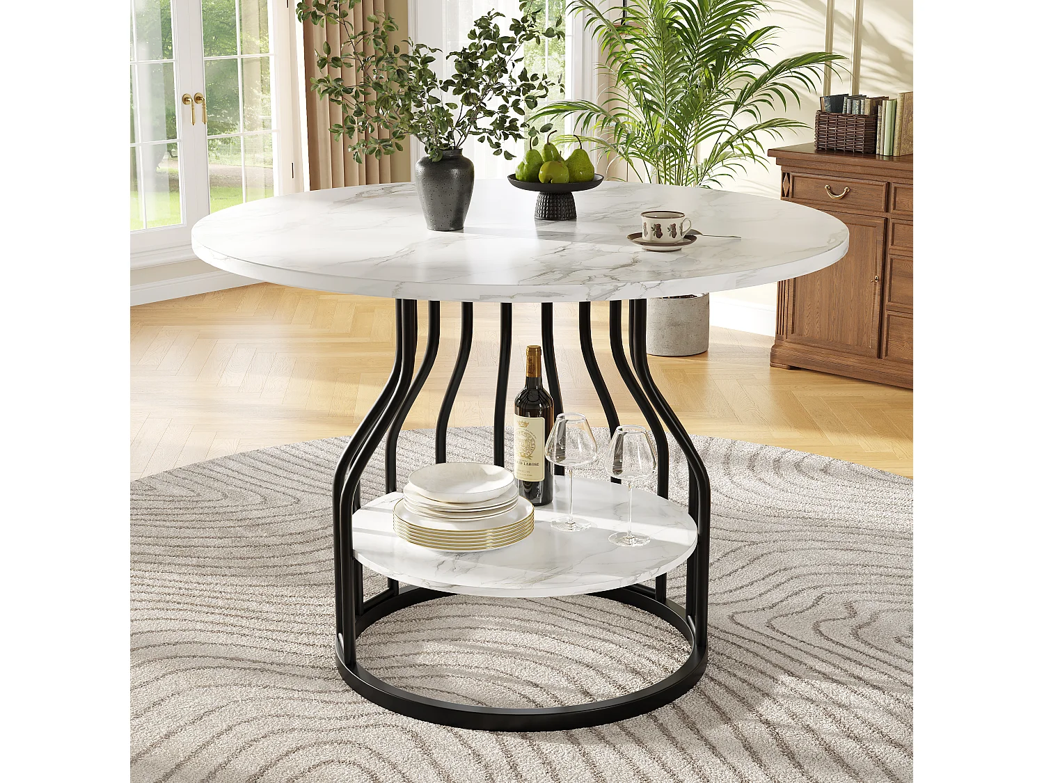 Eettafel voor 4 personen - 80 x 80 x 76 cm - klein rond blad in het midden voor opbergruimte - MDF - wit + zwart
