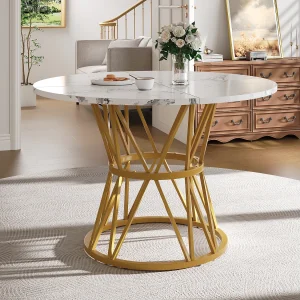 Eettafel voor 4 personen – 100 x 100 x 76 cm – ronde tafel met metalen poten – gemarmerd MDF-blad – MDF + Metaal – wit Eettafel voor 4 personen – 100 x 100 x 76 cm – ronde tafel met metalen poten – gemarmerd MDF-blad – MDF + Metaal – wit