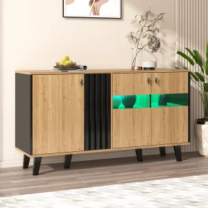 Dressoir 140x41x78,5cm met 3 deuren en LED, in houtnerffineer, naturel en zwart Dressoir 140x41x78,5cm met 3 deuren en LED, in houtnerffineer, naturel en zwart