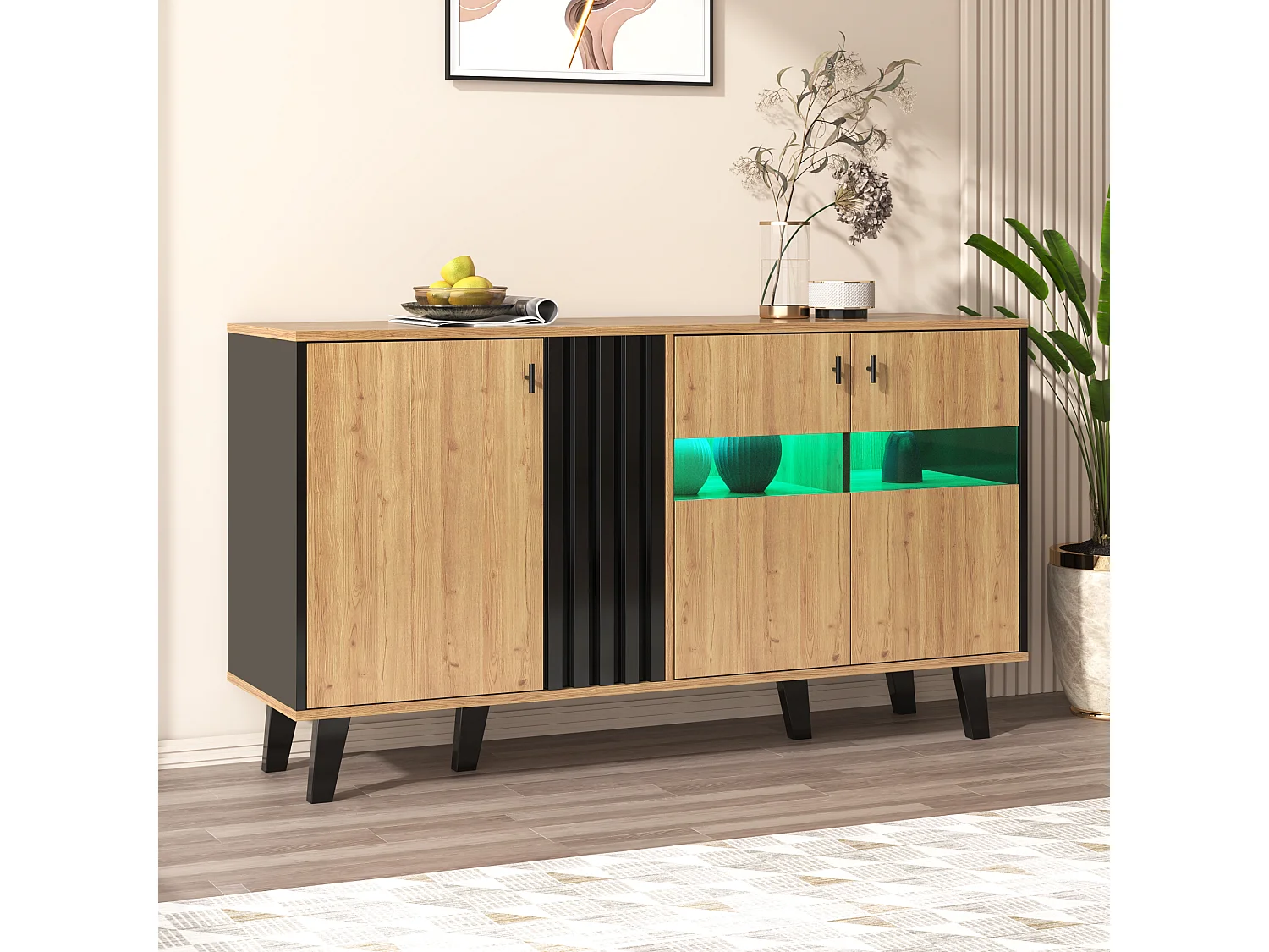 Dressoir 140x41x78,5cm met 3 deuren en LED, in houtnerffineer, naturel en zwart