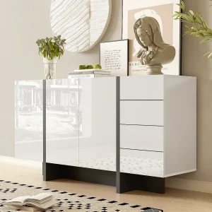 Dressoir 150x40x80cm met 3 deuren en 4 laden, body in hoogglans witte lak en zwart Dressoir 150x40x80cm met 3 deuren en 4 laden, body in hoogglans witte lak en zwart