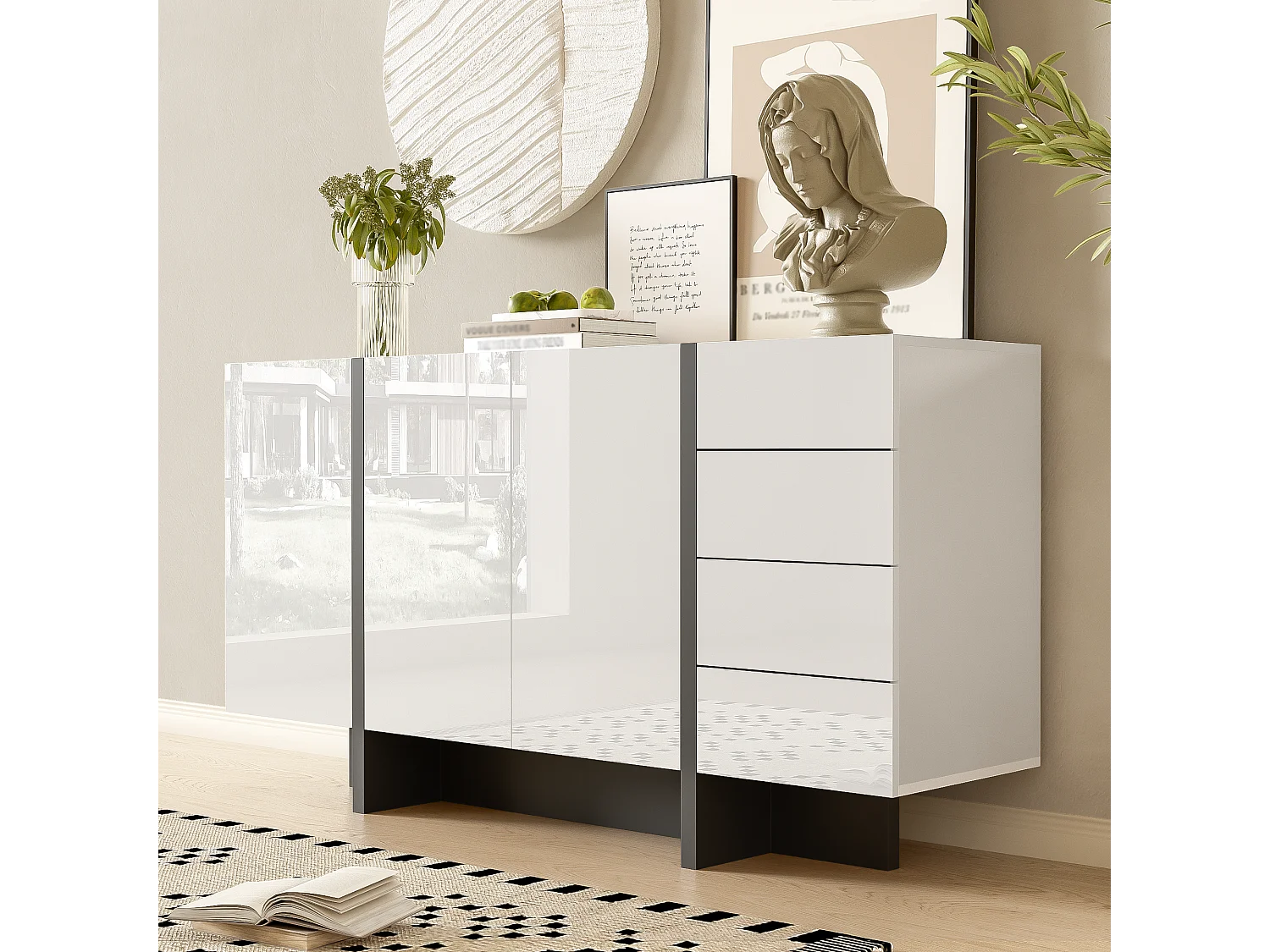 Dressoir 150x40x80cm met 3 deuren en 4 laden, body in hoogglans witte lak en zwart