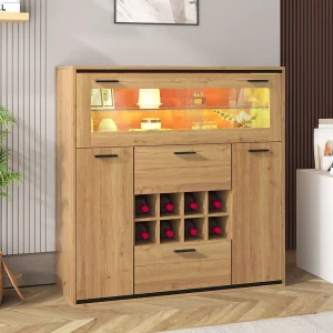 Dressoir 110x38x111cm met 3 deuren waarvan 1 glazen deur, 2 lades en wijnrekken, inclusief LED, in lichte natuurlijke houtnerf