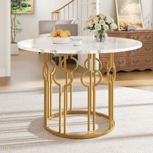 Eettafel voor 4 personen – 100 x 100 x 76 cm – ronde tafel met poten van goudkleurig metaal – gemarmerd MDF-blad – MDF + metaal – wit Eettafel voor 4 personen – 100 x 100 x 76 cm – ronde tafel met poten van goudkleurig metaal – gemarmerd MDF-blad – MDF + metaal – wit