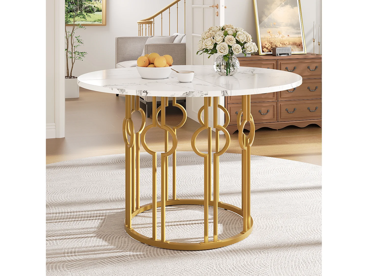 Eettafel voor 4 personen - 100 x 100 x 76 cm - ronde tafel met poten van goudkleurig metaal - gemarmerd MDF-blad - MDF + metaal - wit
