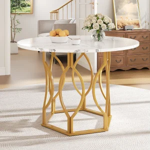 Eettafel voor 4 personen – 100 x 100 x 76 cm – ronde tafel met poten van goudkleurig metaal – gemarmerd MDF-blad – MDF + metaal – wit Eettafel voor 4 personen – 100 x 100 x 76 cm – ronde tafel met poten van goudkleurig metaal – gemarmerd MDF-blad – MDF + metaal – wit