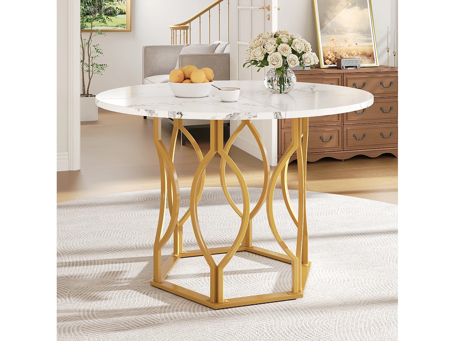 Eettafel voor 4 personen - 100 x 100 x 76 cm - ronde tafel met poten van goudkleurig metaal - gemarmerd MDF-blad - MDF + metaal - wit