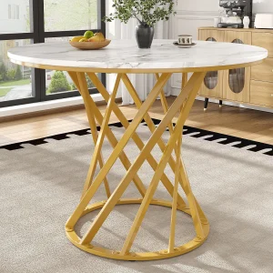 Eettafel voor 4 personen – 80 x 80 x 76 cm – ronde tafel met poten van goudkleurig metaal – gemarmerd MDF-blad – MDF + metaal – wit Eettafel voor 4 personen – 80 x 80 x 76 cm – ronde tafel met poten van goudkleurig metaal – gemarmerd MDF-blad – MDF + metaal – wit