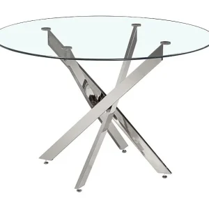 Eettafel CRISTELIA – Rond Ø120 cm – Glazen blad – Verchroomde poten – Elegant en modern design Eettafel CRISTELIA – Rond Ø120 cm – Glazen blad – Verchroomde poten – Elegant en modern design