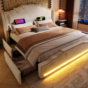 Gestoffeerd tweepersoonsbed 180×200 cm – met 4 lades – met LED-verlichting en oplaadpoorten – Beige Gestoffeerd tweepersoonsbed 180×200 cm – met 4 lades – met LED-verlichting en oplaadpoorten – Beige