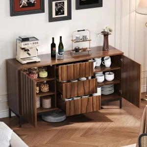 Dressoir 150x40x80cm met 3 lades en 2 greeploze deuren, bruine houtnerf body Dressoir 150x40x80cm met 3 lades en 2 greeploze deuren, bruine houtnerf body