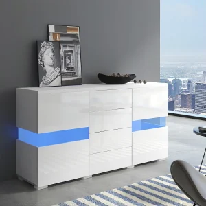 Dressoir 140x35x72cm met 4 lades en 2 acryl deuren, LED inbegrepen, body in wit gelakt Dressoir 140x35x72cm met 4 lades en 2 acryl deuren, LED inbegrepen, body in wit gelakt