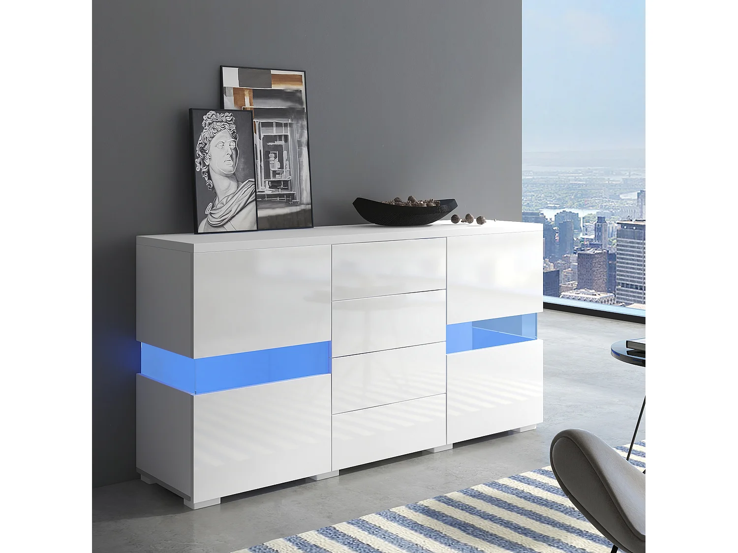 Dressoir 140x35x72cm met 4 lades en 2 acryl deuren, LED inbegrepen, body in wit gelakt