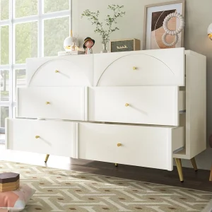 Dressoir 120x40x85cm met 6 lades, gouden poten en handgrepen, crèmekleurige body