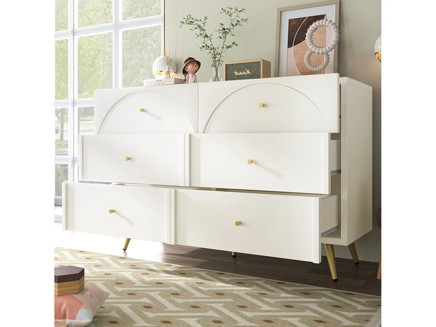 Dressoir 120x40x85cm met 6 lades, gouden poten en handgrepen, crèmekleurige body