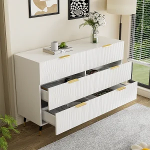 Dressoir 120x40x77cm met 6 lades, gouden poten en handgrepen, witte body