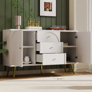 Dressoir 140x40x84cm met 3 lades en 2 deuren, gouden poten en handgrepen, crèmekleurige body Dressoir 140x40x84cm met 3 lades en 2 deuren, gouden poten en handgrepen, crèmekleurige body