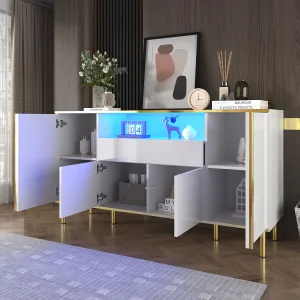 Dressoir 150x40x80cm met 4 deuren, 1 lade en 1 nis met LED, body in witte lak, randen en poten in goud Dressoir 150x40x80cm met 4 deuren, 1 lade en 1 nis met LED, body in witte lak, randen en poten in goud