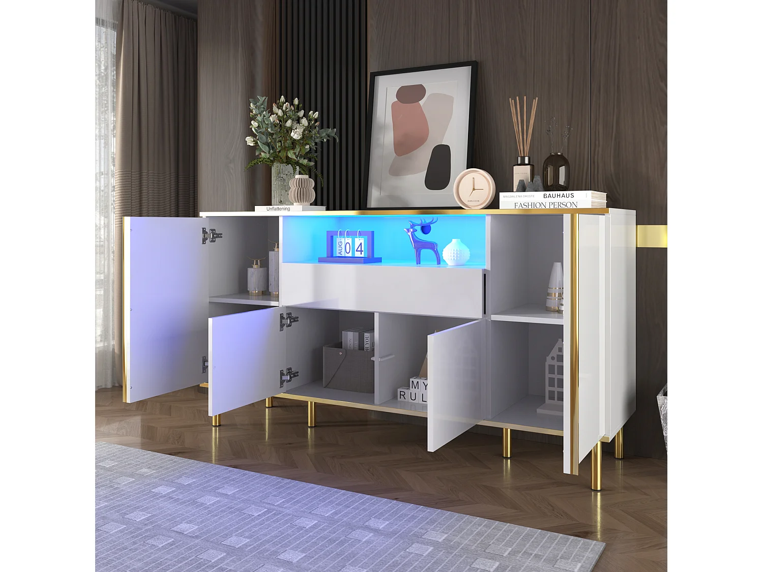 Dressoir 150x40x80cm met 4 deuren, 1 lade en 1 nis met LED, body in witte lak, randen en poten in goud