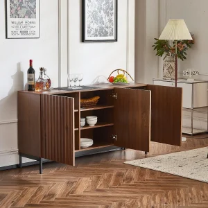 Dressoir 150x40x80cm met 3 push-to-open deuren, reliëf golvend patroon, bruine houtnerf body Dressoir 150x40x80cm met 3 push-to-open deuren, reliëf golvend patroon, bruine houtnerf body