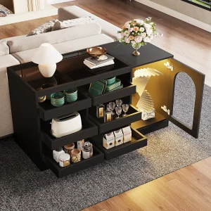 Dressoir 120x40x75cm met 6 lades, 1 deur met LED, gekleurd glazen blad, zwarte behuizing Dressoir 120x40x75cm met 6 lades, 1 deur met LED, gekleurd glazen blad, zwarte behuizing
