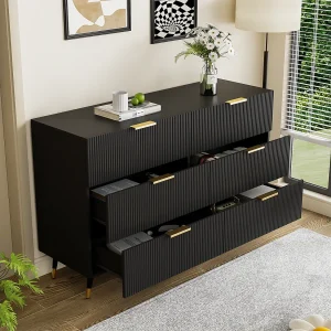 Dressoir 120x40x77cm met 6 lades, gouden poten en handgrepen, zwarte body