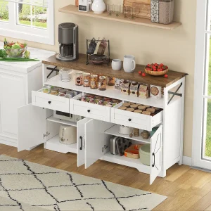 Dressoir 140x35x95cm met 3 laden, 4 deuren en 1 nis, bruin houtnerf bovenblad, witte body Dressoir 140x35x95cm met 3 laden, 4 deuren en 1 nis, bruin houtnerf bovenblad, witte body