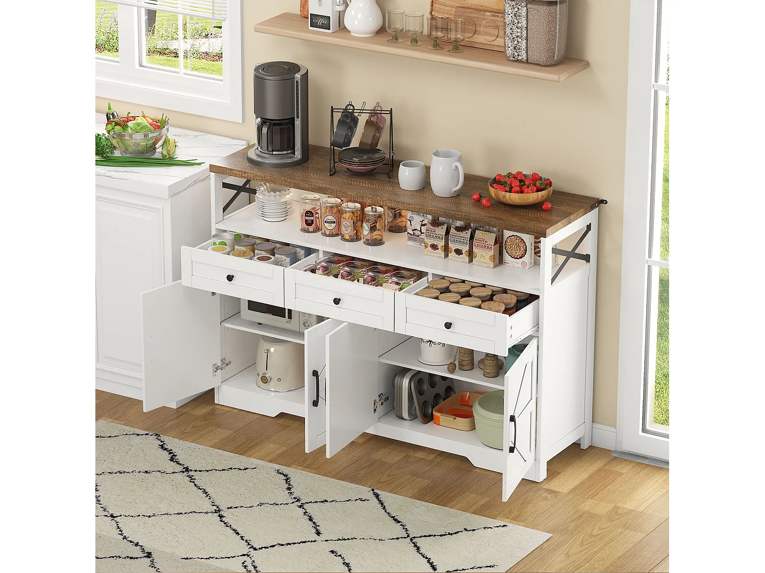 Dressoir 140x35x95cm met 3 laden, 4 deuren en 1 nis, bruin houtnerf bovenblad, witte body