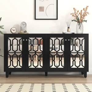 Dressoir 160x40x84cm met 4 spiegeldeuren, romp in zwart gelakt