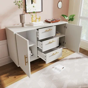Dressoir 120x40x75,5cm met 3 lades en 2 deuren, gouden poten en handgrepen, witte body Dressoir 120x40x75,5cm met 3 lades en 2 deuren, gouden poten en handgrepen, witte body