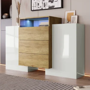 Dressoir 140×37,5×90,5cm met 3 lades en 2 deuren, 1 nis met LED, body in hout en wit fineer Dressoir 140×37,5×90,5cm met 3 lades en 2 deuren, 1 nis met LED, body in hout en wit fineer